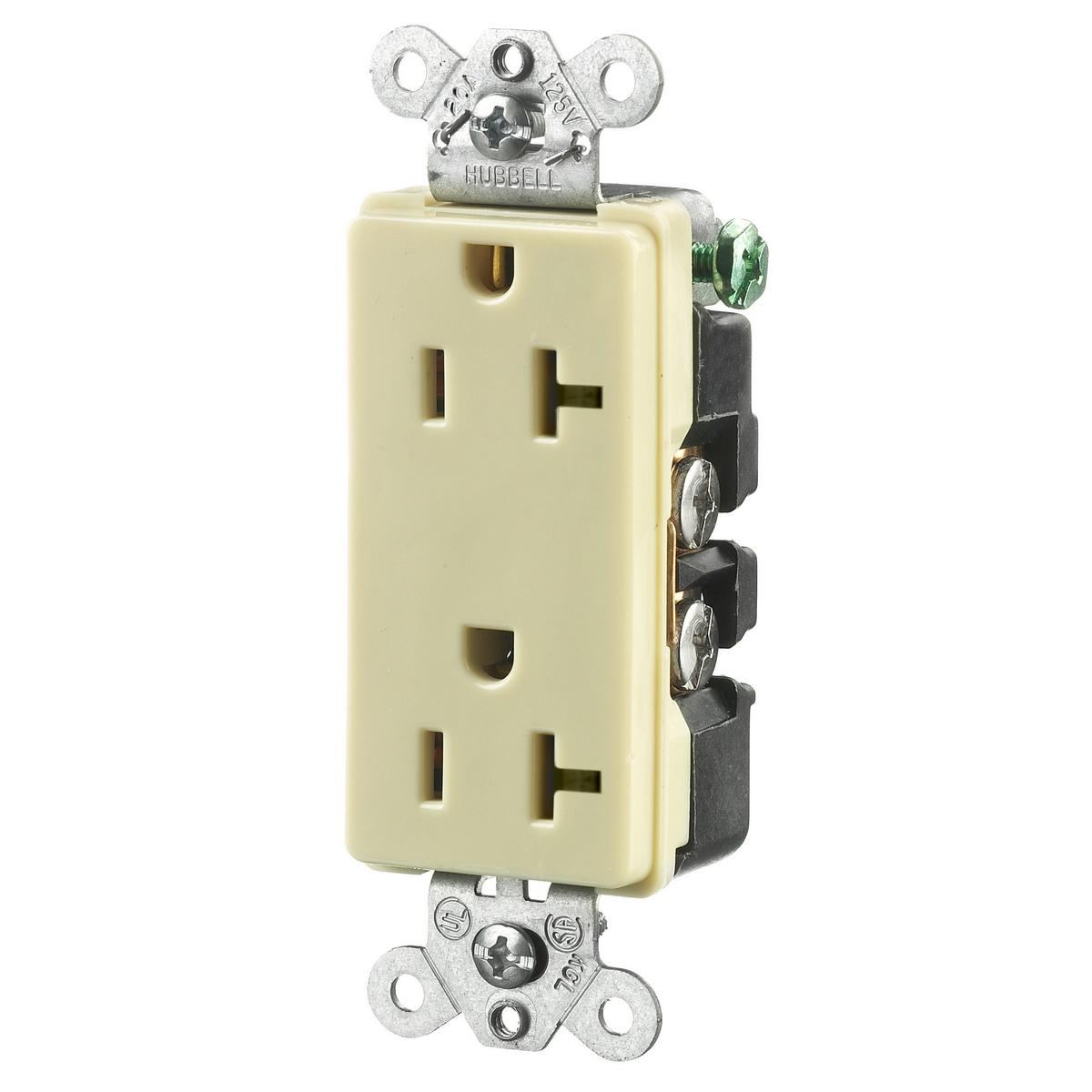 Straight Blade Devices, Receptacles, Duplex, Decorator/Commercial/Industrial Grade, 2-Pole 3-Wire Grounding, 20A 125V, 5-20R, Ivory, Single Pack.