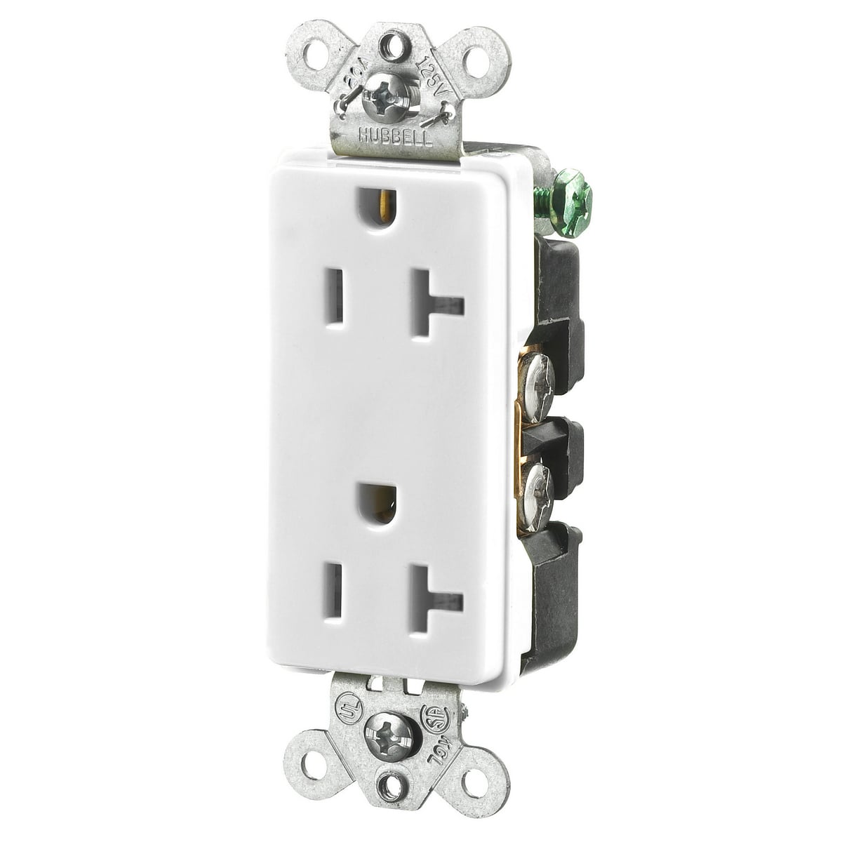 Straight Blade Devices, Receptacles, Duplex, Decorator/Commercial/Industrial Grade, 2-Pole 3-Wire Grounding, 20A 125V, 5-20R, White, Single Pack.