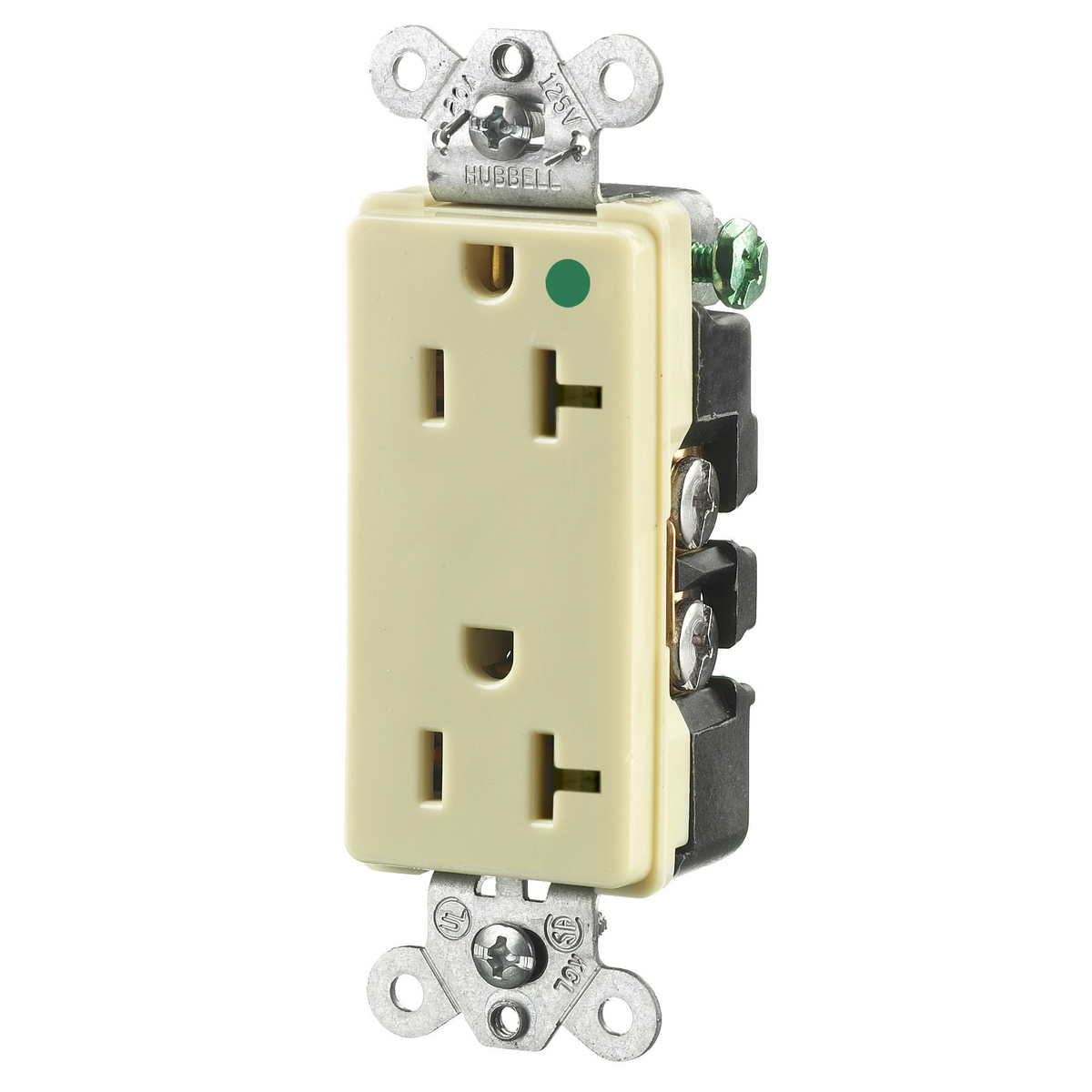 Straight Blade Devices, Receptacles, Duplex, Hospital Grade, 2-Pole 3-Wire Grounding, 20A 125V, 5-20R, Ivory, Single Pack.