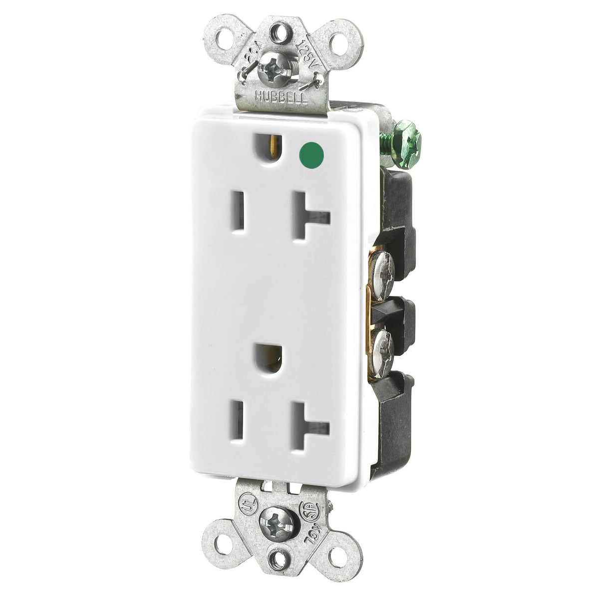 Straight Blade Devices, Receptacles, Duplex, Hospital Grade, 2-Pole 3-Wire Grounding, 20A 125V, 5-20R, White, Single Pack.