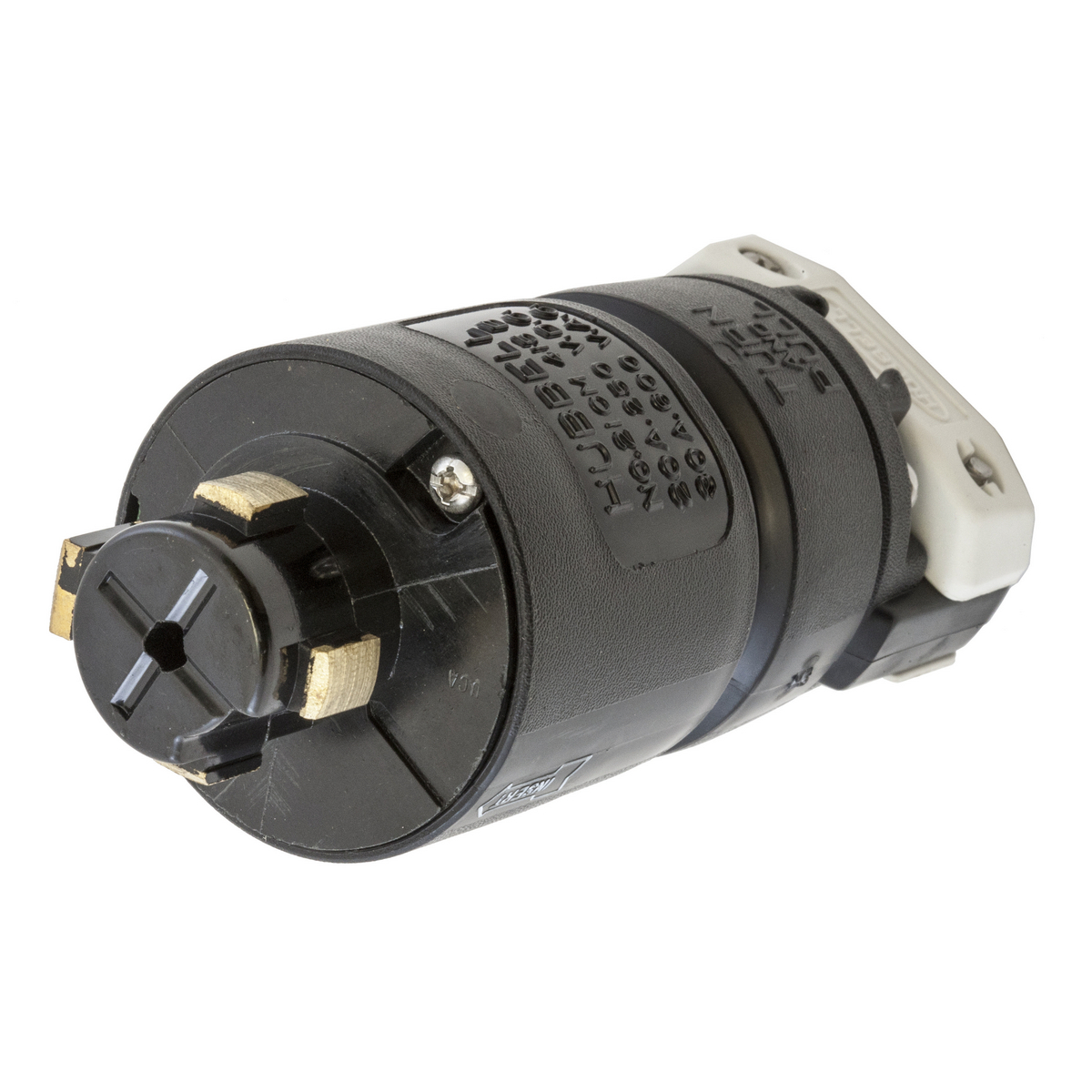 Locking Devices, Hubbellock, Industrial, Male Plug, 30A 600V AC, 20A 250V DC, 3-Pole 4-Wire Grounding Hubbellock Plug, Black nylon housing, Thermoplastic interior, Corrosion resistent, Non-NEMA, Screw Terminal, Black and White