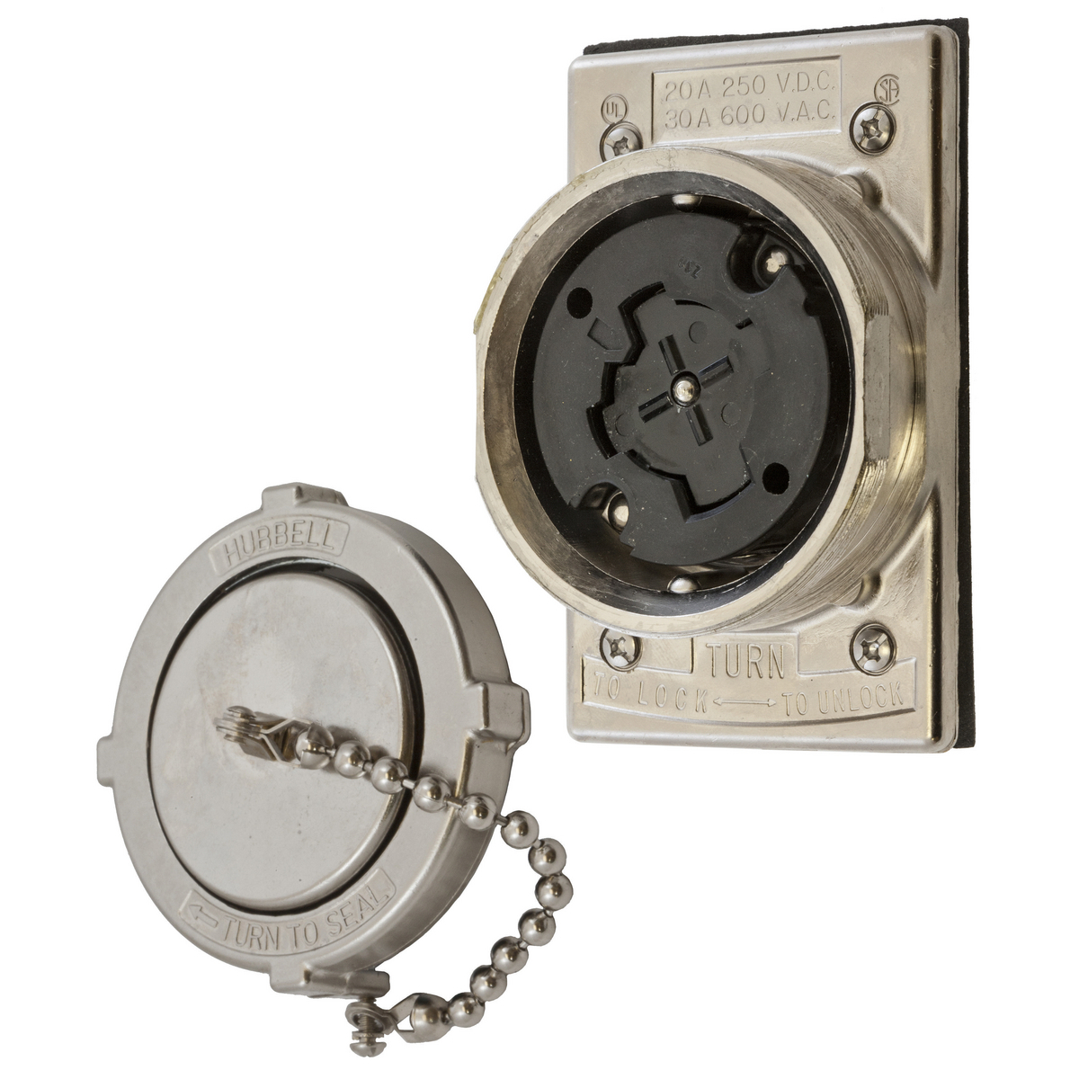 Hubbellock Industrial Receptacle, 30A 600V AC, 20A 250V DC, 3-Pole 4-Wire Grounding, Non-NEMA, Weathertight, corrosion resistant, nickel plated brass plate, Screw Terminal, FS/FD Box Mounting, Metallic