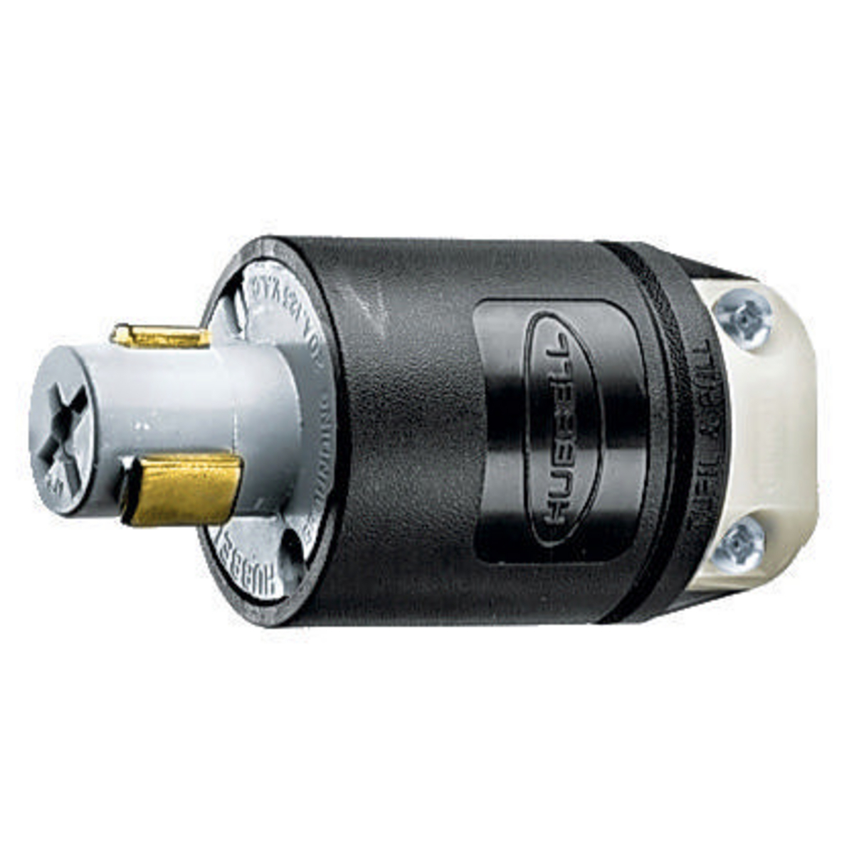 Hubbellock, Hospital Grade Male Plug, 20A 125V, 2-Pole 3-Wire Grounding, Non-NEMA, Screw Terminal, Metallic Body, Epoxy Filled with Rubber Cord Grip