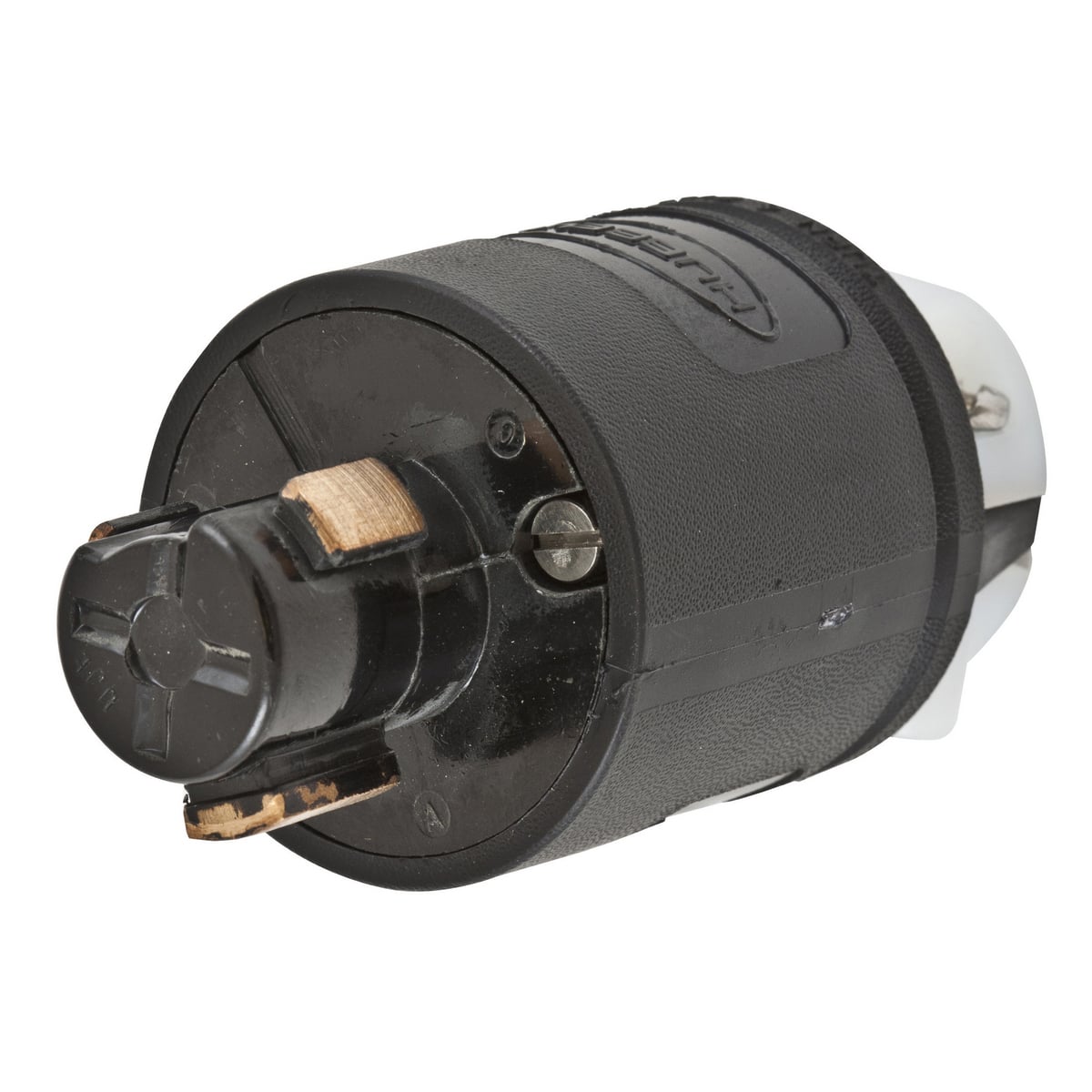 Locking Devices, Hubbellock, Industrial, Male Plug, 20A, 125V, 2-Pole 3-Wire Grounding, Nylon housing, thermoset interior, Non- NEMA, Screw Terminal, Black/White