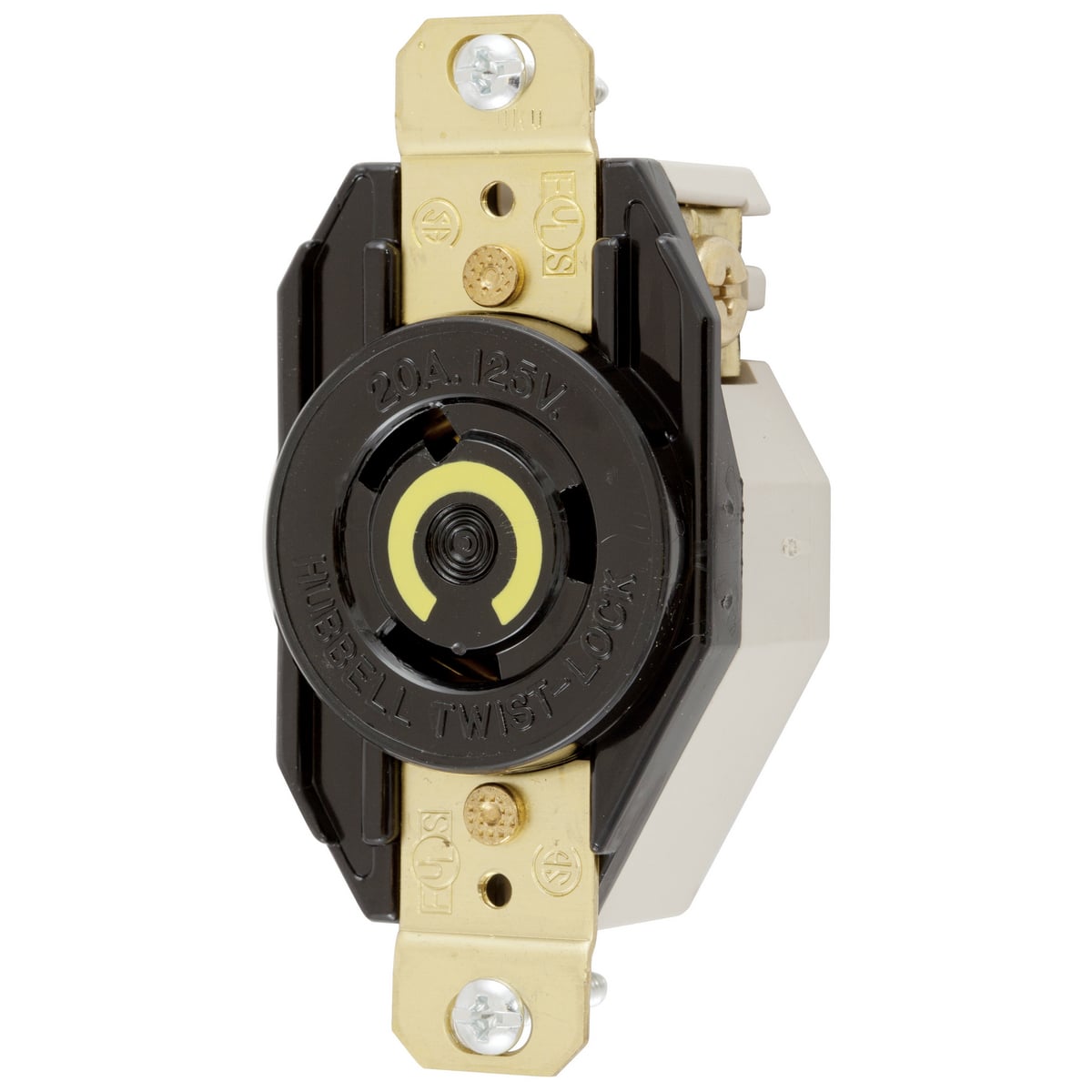 Locking Devices, Twist-Lock, Industrial, Single Flush Receptacle, 20A 125V, 2-Pole 3-Wire Grounding, NEMA L5-20R, Screw Terminal, Nylon face, Back and side wired, Black