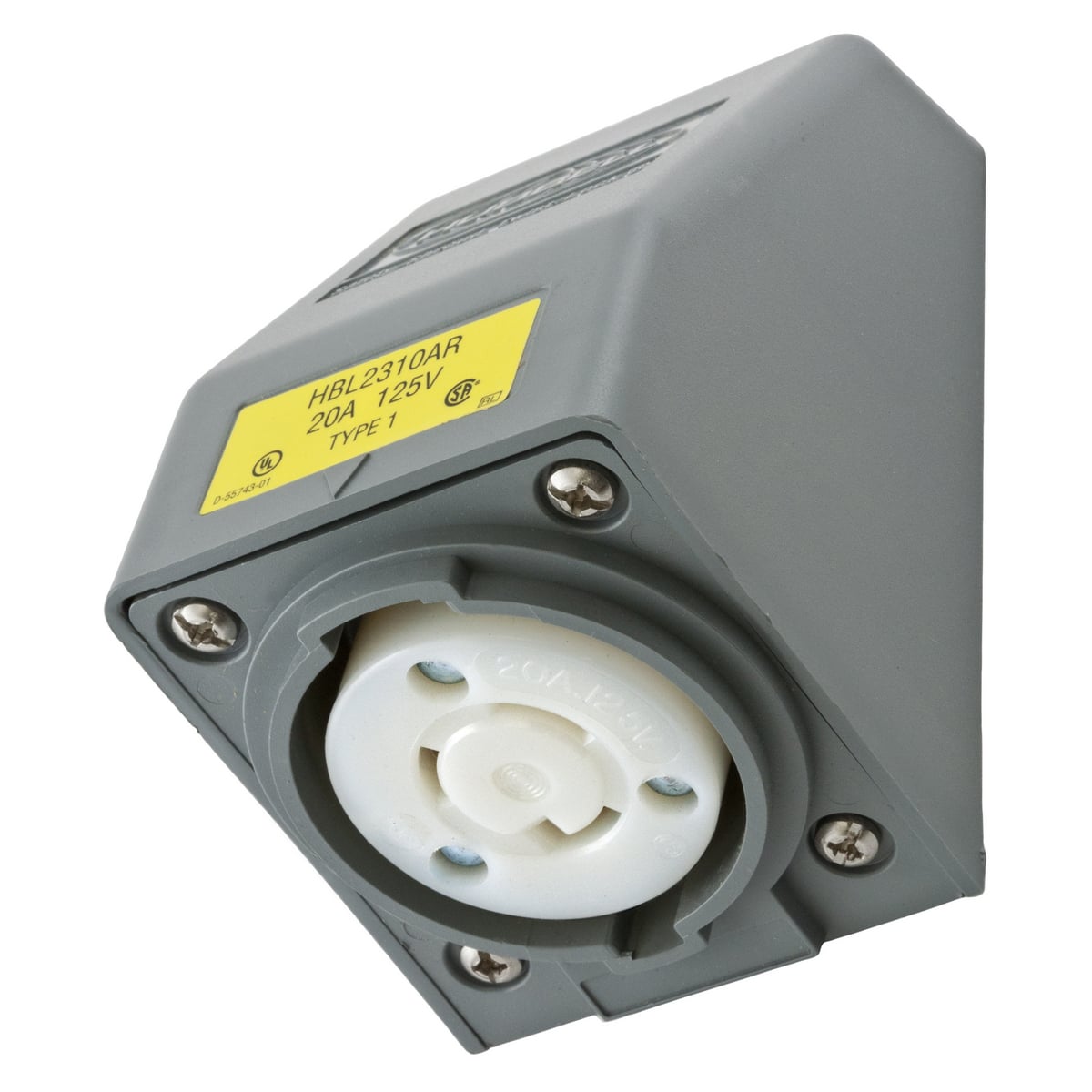 Locking Devices, Twist-Lock, Safety-Shroud, Angled Receptacle, One Gang, 20A 125V AC, 2-Pole 3-Wire Grounding, L5-20R, Screw Terminal, Gray
