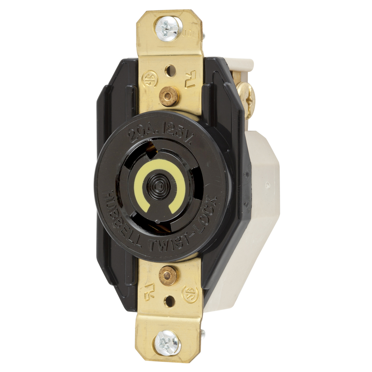 Locking Devices, Twist-Lock, Industrial, Single Flush Receptacle, 20A 125V, 2-Pole 3-Wire Grounding, NEMA L5-20R, Nylon face, Ring Terminal connection, Black.