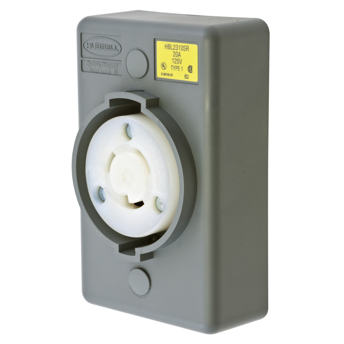 Locking Devices, Twist-Lock, Safety-Shroud, Surface Mount Receptacle, 20A 125V AC, 2-Pole 3-Wire Grounding, NEMA L5- 20R, Screw Terminal, Gray