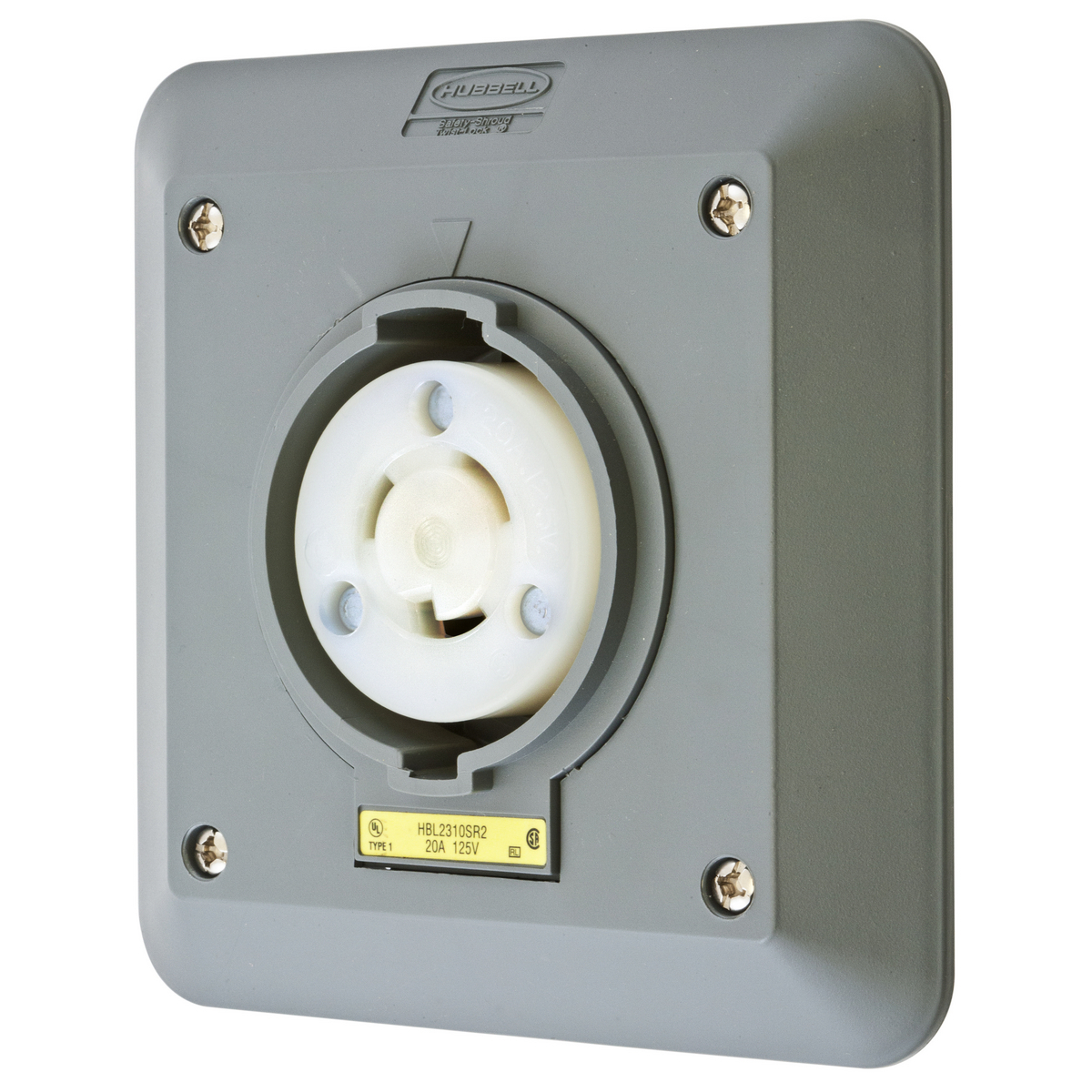 Locking Devices, Twist-Lock, Safety-Shroud, 2-Gang Surface Mount Receptacle, 20A 125V AC, 2-Pole 3-Wire Grounding, NEMA L5-20R, Screw Terminal, Gray
