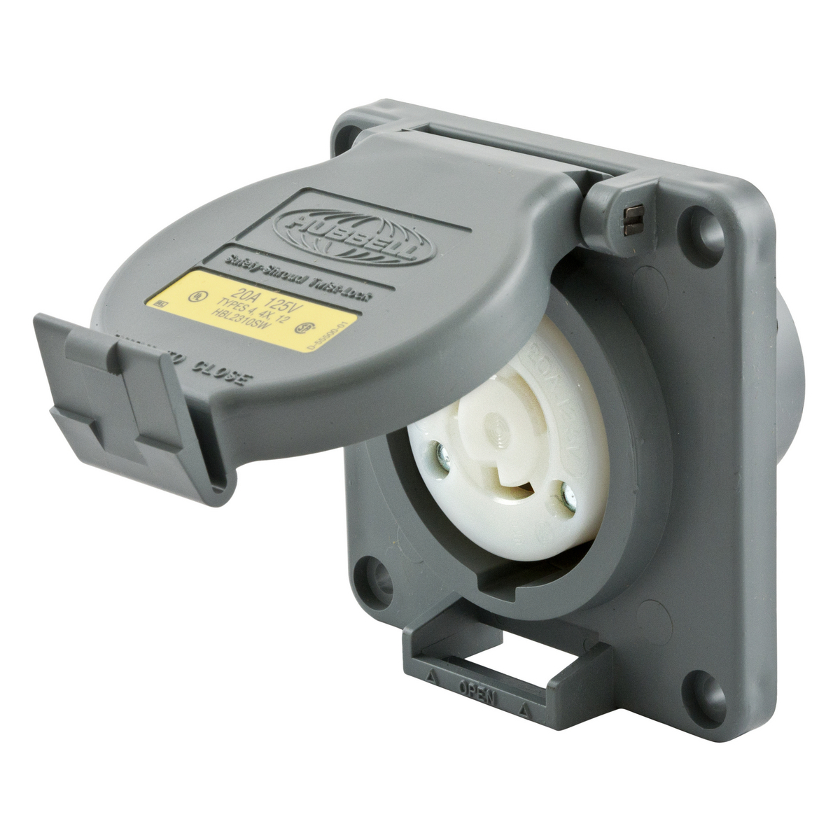 Locking Devices, Twist-Lock, Watertight Safety-Shroud, Receptacle, 20A 125V AC, 2-Pole 3-Wire Grounding, NEMA L5-20R, Screw Terminal, PBT housing and flange, Gray.