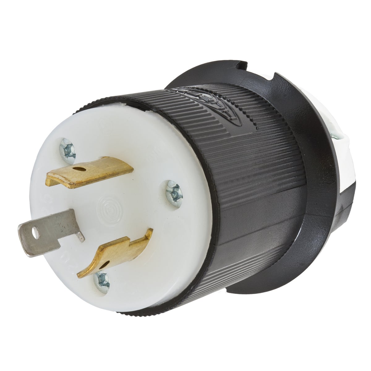 Locking Devices, Twist-Lock, Industrial, Male Insulgrip Plug, 20A 125V AC, 2-Pole 3-Wire Grounding, NEMA L5-20P, Screw Terminal, Black and White Nylon.