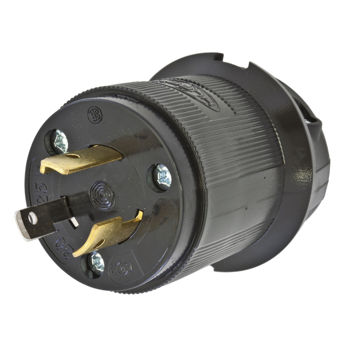 Locking Devices, Twist-Lock, Industrial, Male Insulgrip Plug, 20A 125V, 2-Pole 3-Wire Grounding, NEMA L5-20P, Screw Terminal, Black Nylon.