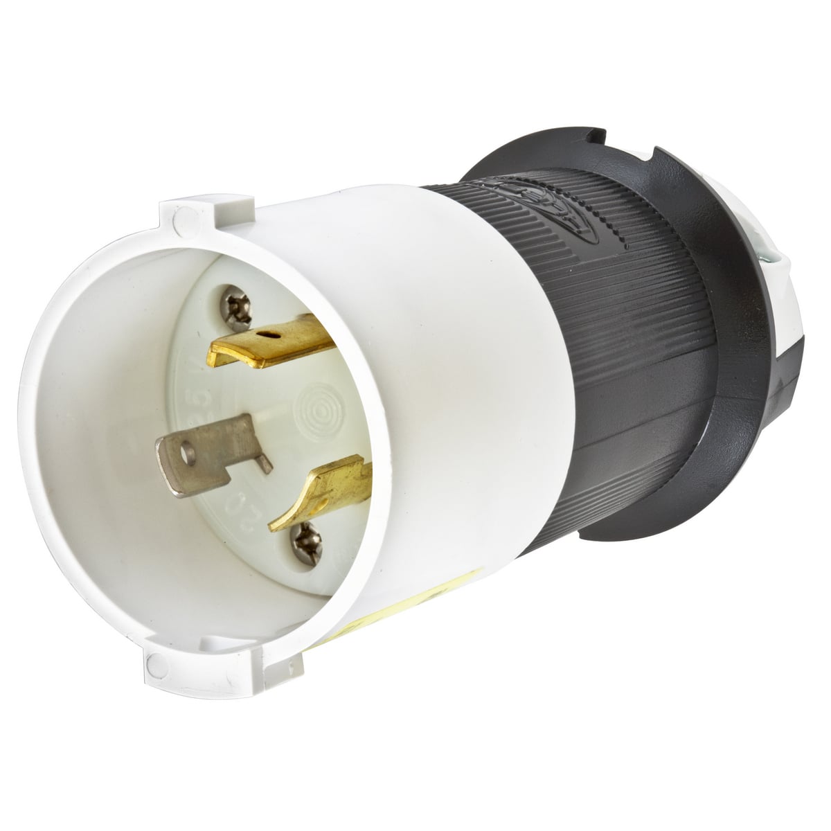 Locking Devices, Twist-Lock, Safety-Shroud, Male Plug, 20A 125V AC, 2-Pole 3-Wire Grounding, NEMA L5-20P, Screw Terminal, Black and White Nylon Body, White PBT Shroud.