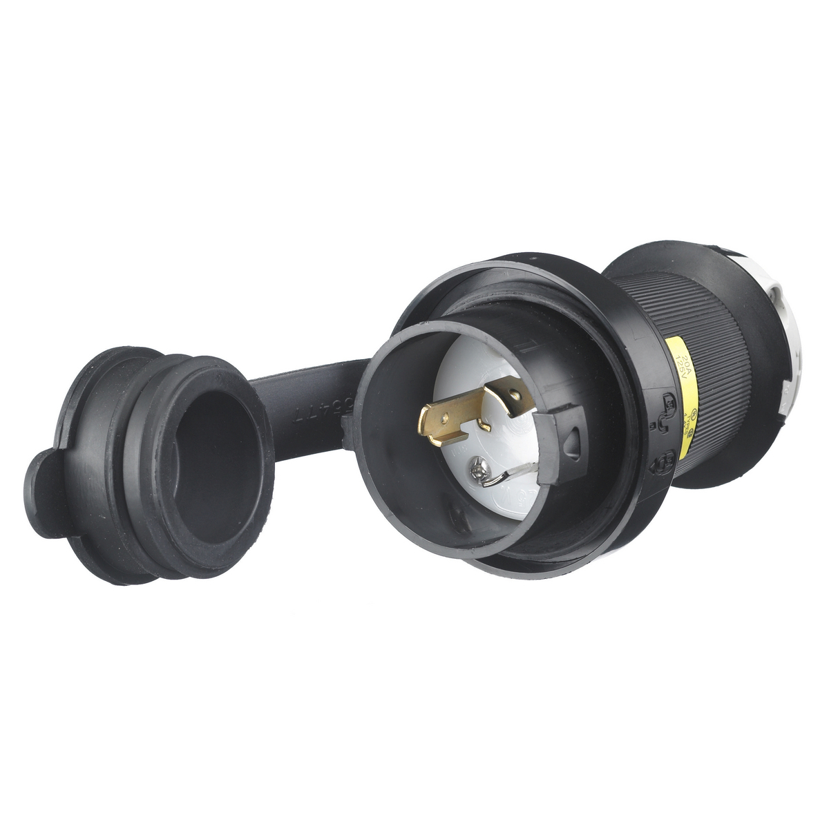 Locking Devices, Twist-Lock, Watertight Safety-Shroud, Male Plug, 20A, 125V AC, 2-Pole 3-Wire Grounding, NEMA L5-20P, Black PBT housing, White PBT clamps.