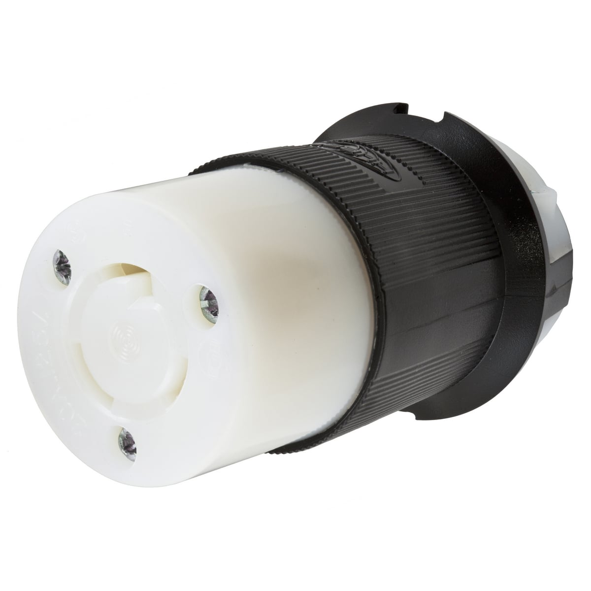 Locking Devices, Twist-Lock, Industrial, Female Insulgrip Connector Body, 20A 125V AC, 2-Pole 3-Wire Grounding, NEMA L5-20R, Screw Terminal, Black and White Nylon.