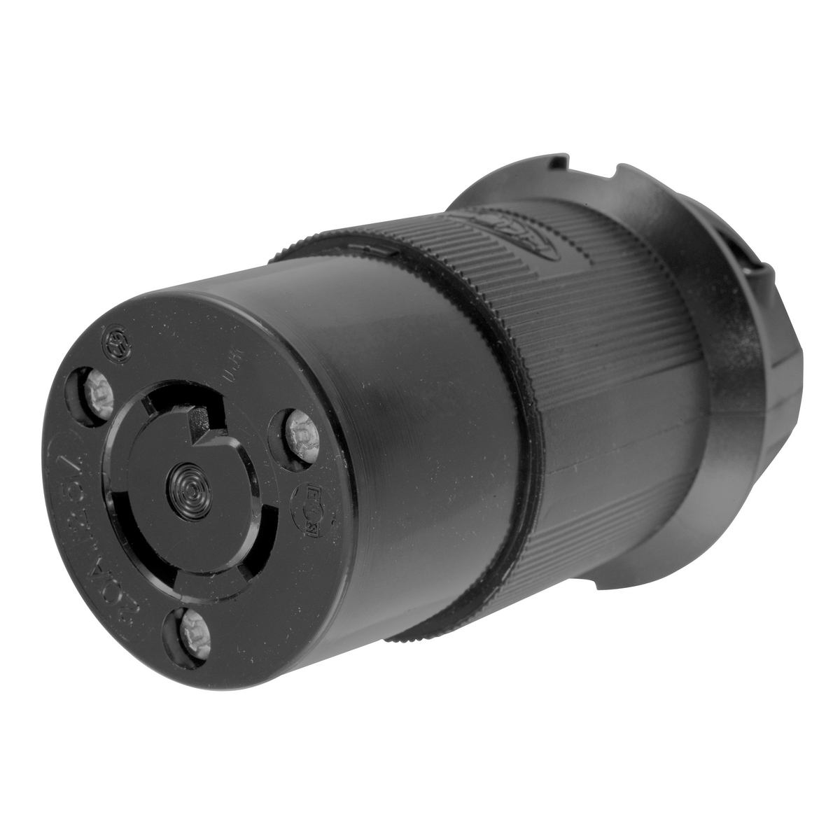 Locking Devices, Twist-Lock, Industrial, Female Insulgrip Connector Body, 20A 125V AC, 2-Pole 3-Wire Grounding, NEMA L5-20R, Screw Terminal, Black Nylon.
