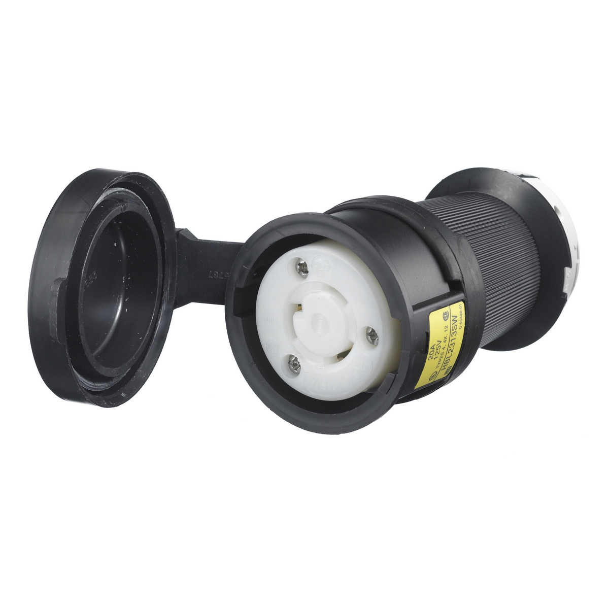 Locking Devices, Twist-Lock, Watertight Safety-Shroud, Female Connector Body, 20A 125V AC, 2-Pole 3-Wire Grounding, NEMA L5-20R, Screw Terminal, Black PBT housing, White PBT clamps.