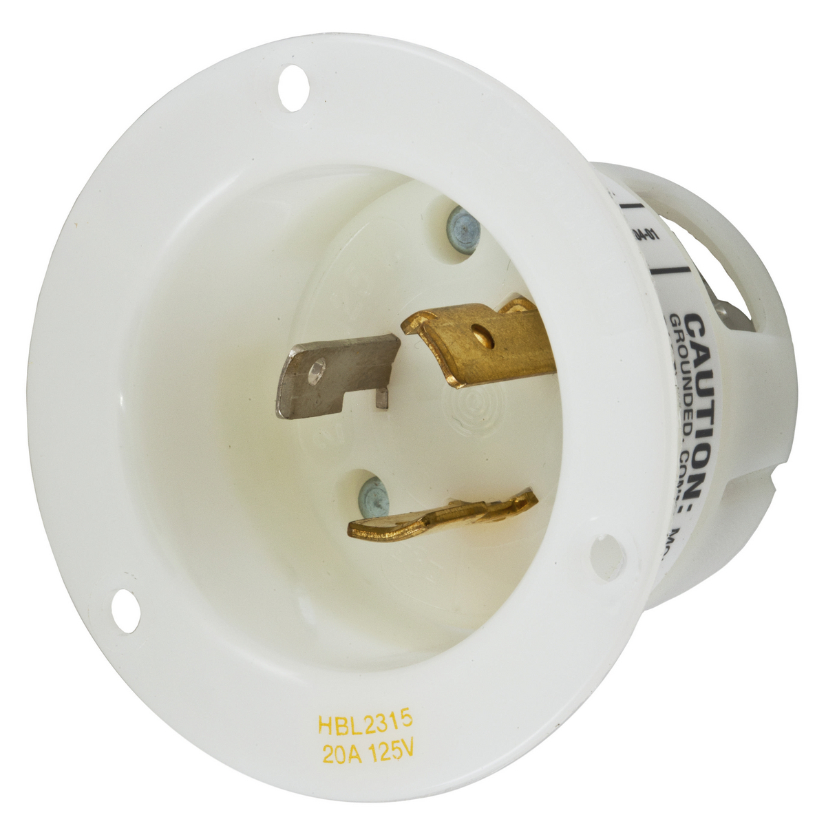 Locking Devices, Twist-Lock, Industrial, Insulgrip Flanged Inlet, 20A 125V AC, 2-Pole 3-Wire Grounding, NEMA L5-20P, Screw Terminal, Nylon casing, Back wired, White
