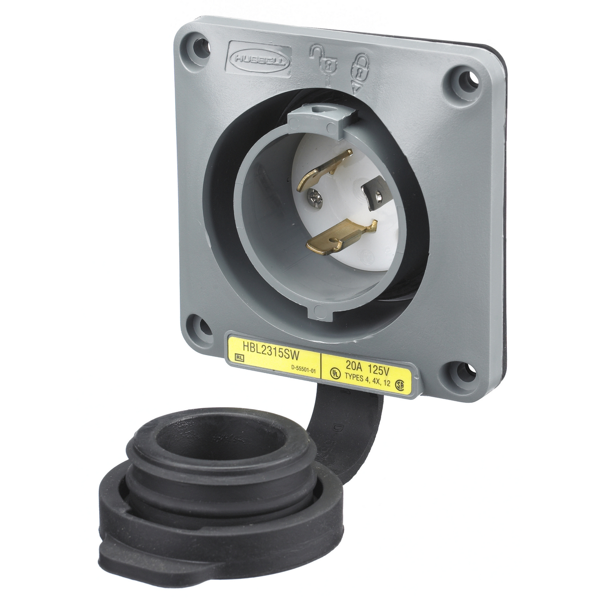 Watertight Safety-Shroud, Locking Devices, Twist-Lock, Flanged Inlet, 20A 125V AC, 2-Pole 3-Wire Grounding, NEMA L5-20P, Screw Terminal, Gray