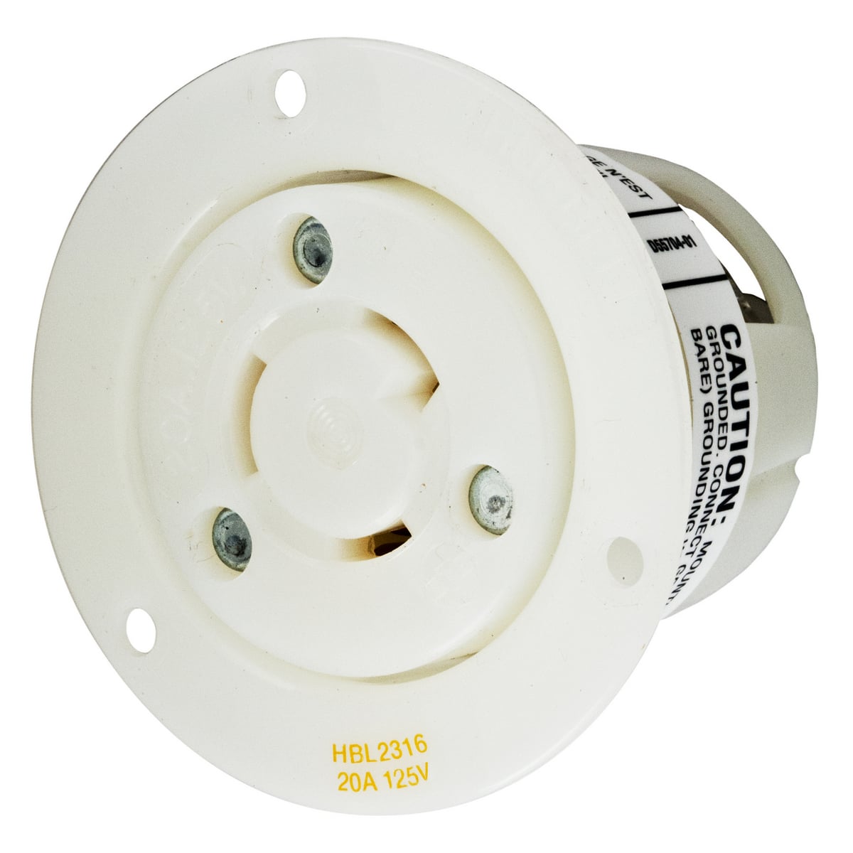Locking Devices, Twist-Lock, Industrial, Insulgrip Flanged Receptacle, 20A 125V, 2-Pole 3-Wire Grounding, NEMA L5-20R, Screw Terminal, Nylon casing, Back wired, White.