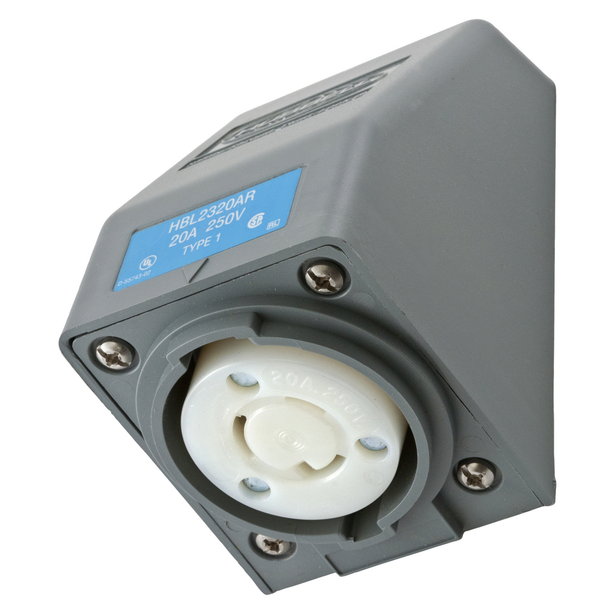 Locking Devices, Twist-Lock, Safety-Shroud, Angled Receptacle, 20A 250V AC, 2-Pole 3-Wire Grounding, NEMA L6-20R, Screw Terminal, Gray.