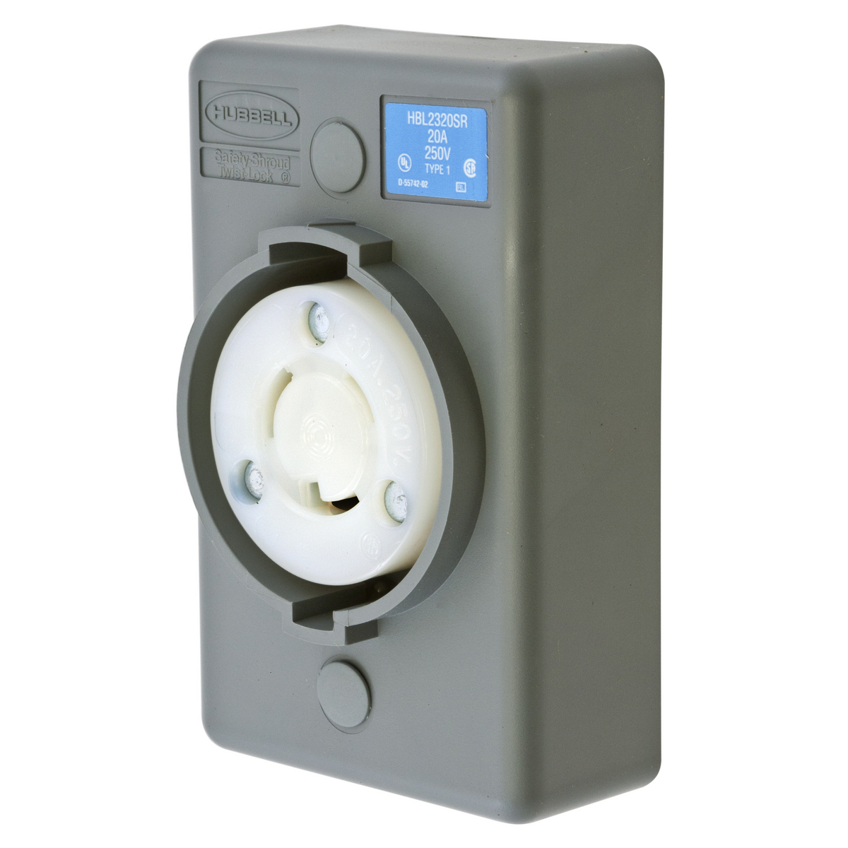 Locking Devices, Twist-Lock, Industrial, Safety-Shroud Surface Mount Receptacle 20A 250V, 2-Pole 3-Wire Grounding, NEMA L6-20R, Screw Terminal, One Gang, Gray.