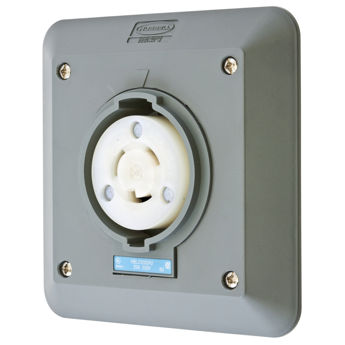 Locking Devices, Twist-Lock, Industrial, Semi-flush 2-Gang Surface Mount Safety-Shroud Receptacle, 20A 250V, 2-Pole 3-Wire Grounding, NEMA L6-20R, Screw Terminal, PBT housing, Gray.
