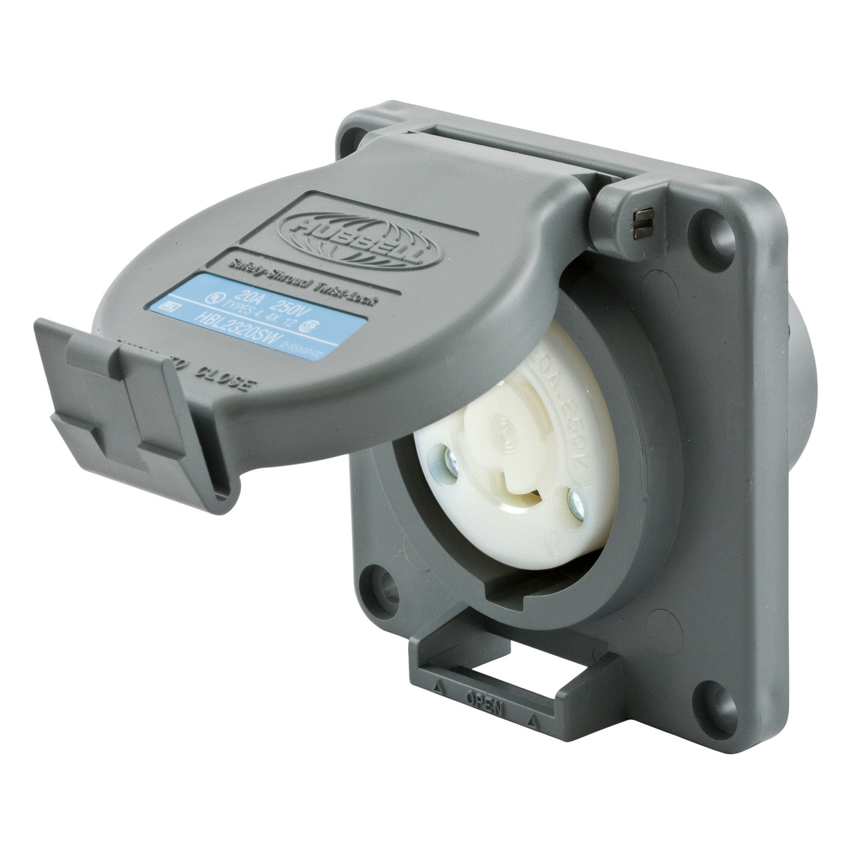 Locking Devices, Twist-Lock, Industrial, Watertight Safety-Shroud Receptacle, 20A 250V, 2-Pole 3-Wire Grounding, NEMA L6-20R, Screw Terminal, PBT housing and flange, Gray.
