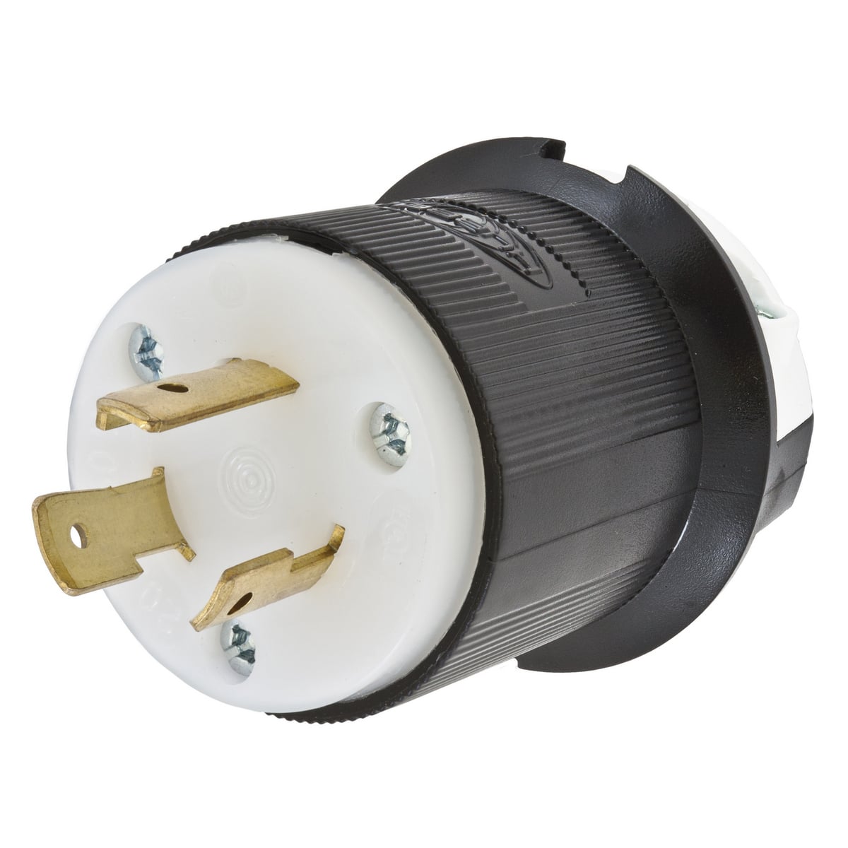 Locking Devices, Twist-Lock, Industrial, Male Insulgrip Plug, 20A 250V AC, 2-Pole 3-Wire Grounding, NEMA L6-20P, Screw Terminal, Black and White Nylon.