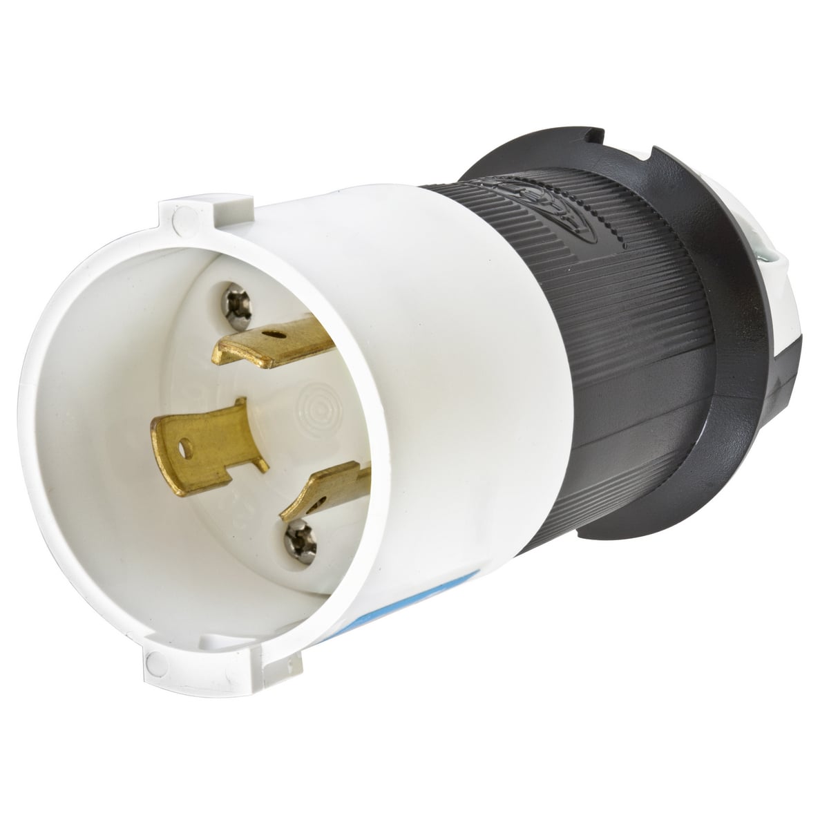 Locking Devices, Twist-Lock, Industrial, Safety-Shroud, Male Plug, 20A 250V, 2-Pole 3-Wire Grounding, NEMA L6-20P, Screw Terminal, Black and White  nylon body, White  PBT Shroud.