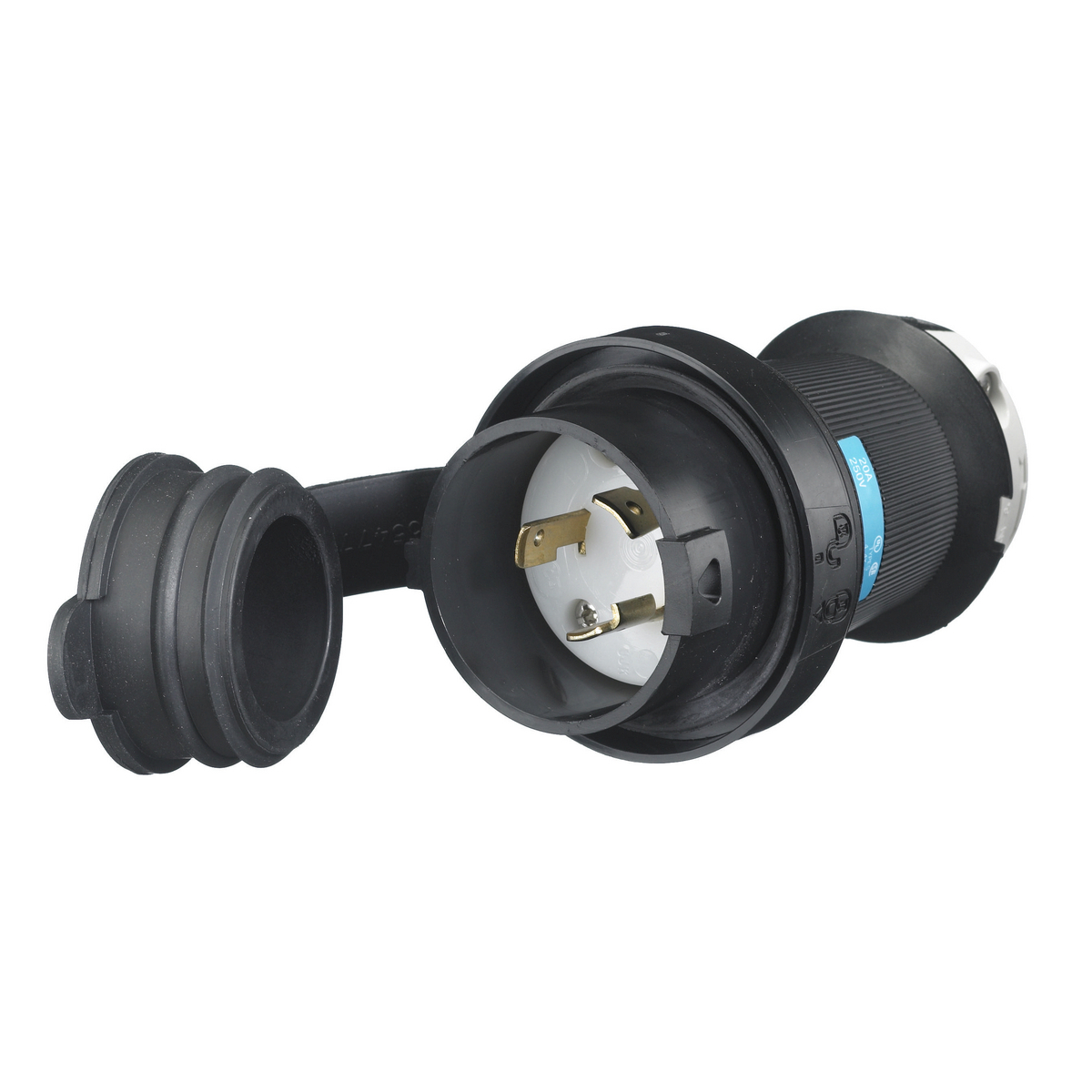 Locking Devices, Twist-Lock, Watertight Safety-Shroud, Male Plug, 20A 250V AC, 2-Pole 3-Wire Grounding, NEMA L6-20P, Screw Terminal, Black PBT housing, White PBT clamps.