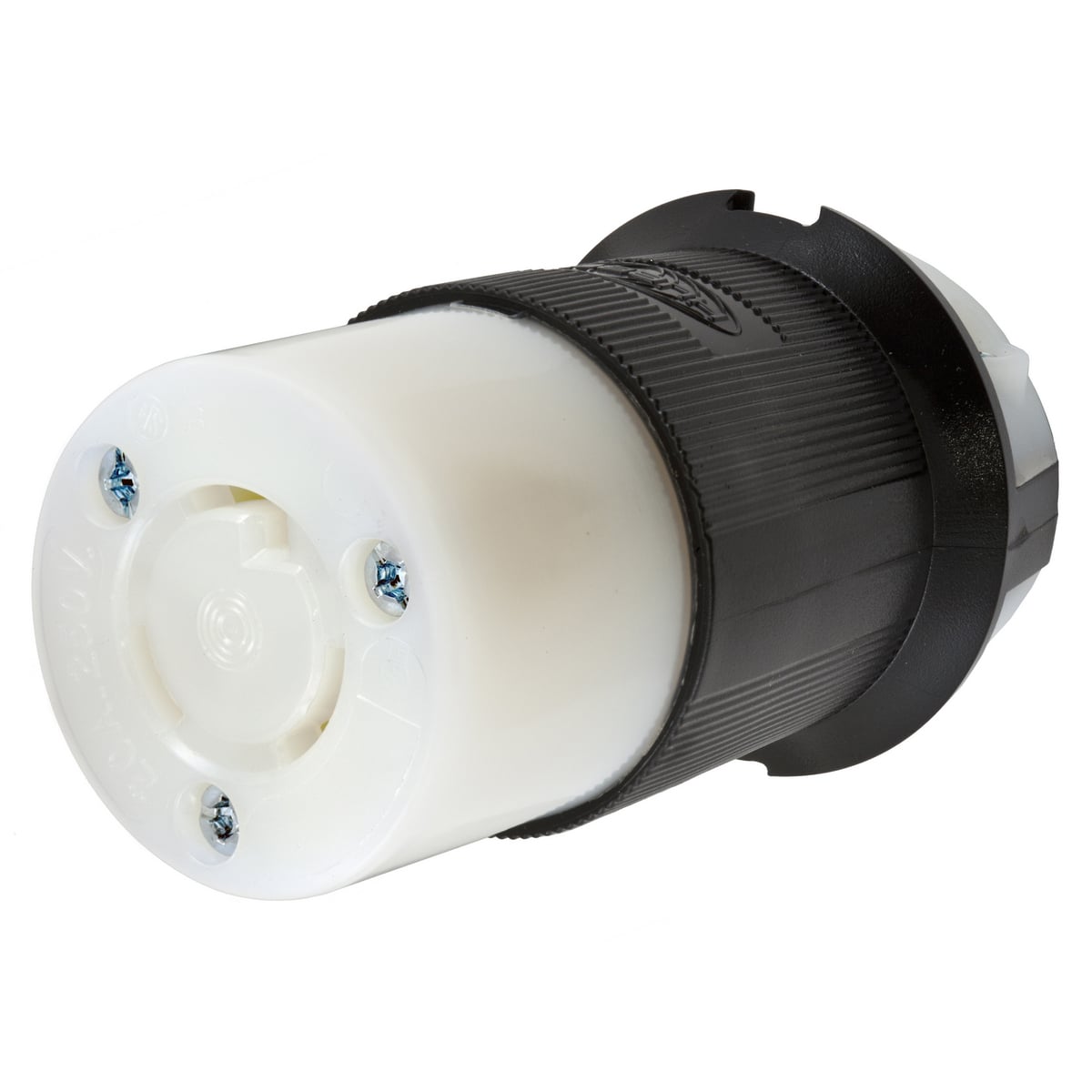 Locking Devices, Twist-Lock?, Industrial, Female Insulgrip? Connector Body, 20A 250V, 2-Pole 3-Wire Grounding, NEMA L6-20R, Screw Terminal, Black and White Nylon.