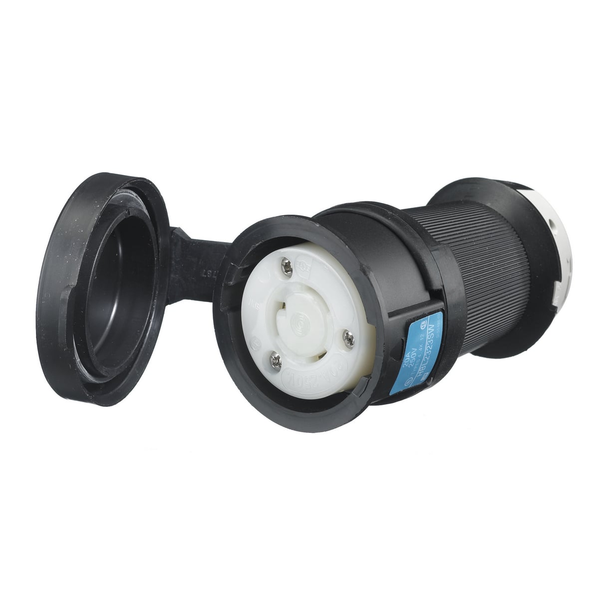Locking Devices, Twist-Lock, Watertight Safety-Shroud, Female Connector Body, 20A 250V AC, 2-Pole 3-Wire Grounding, NEMA L6-20R, Screw Terminal, Black PBT housing, White PBT clamps.