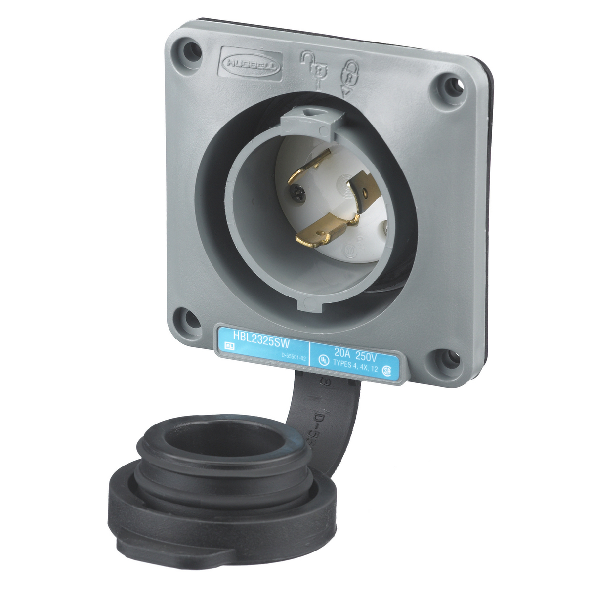 Watertight Safety-Shroud, Locking Devices, Twist-Lock, Flanged Inlet, 20A 250V AC, 2-Pole 3-Wire Grounding, NEMA L6-20P, Screw Terminal, Gray.