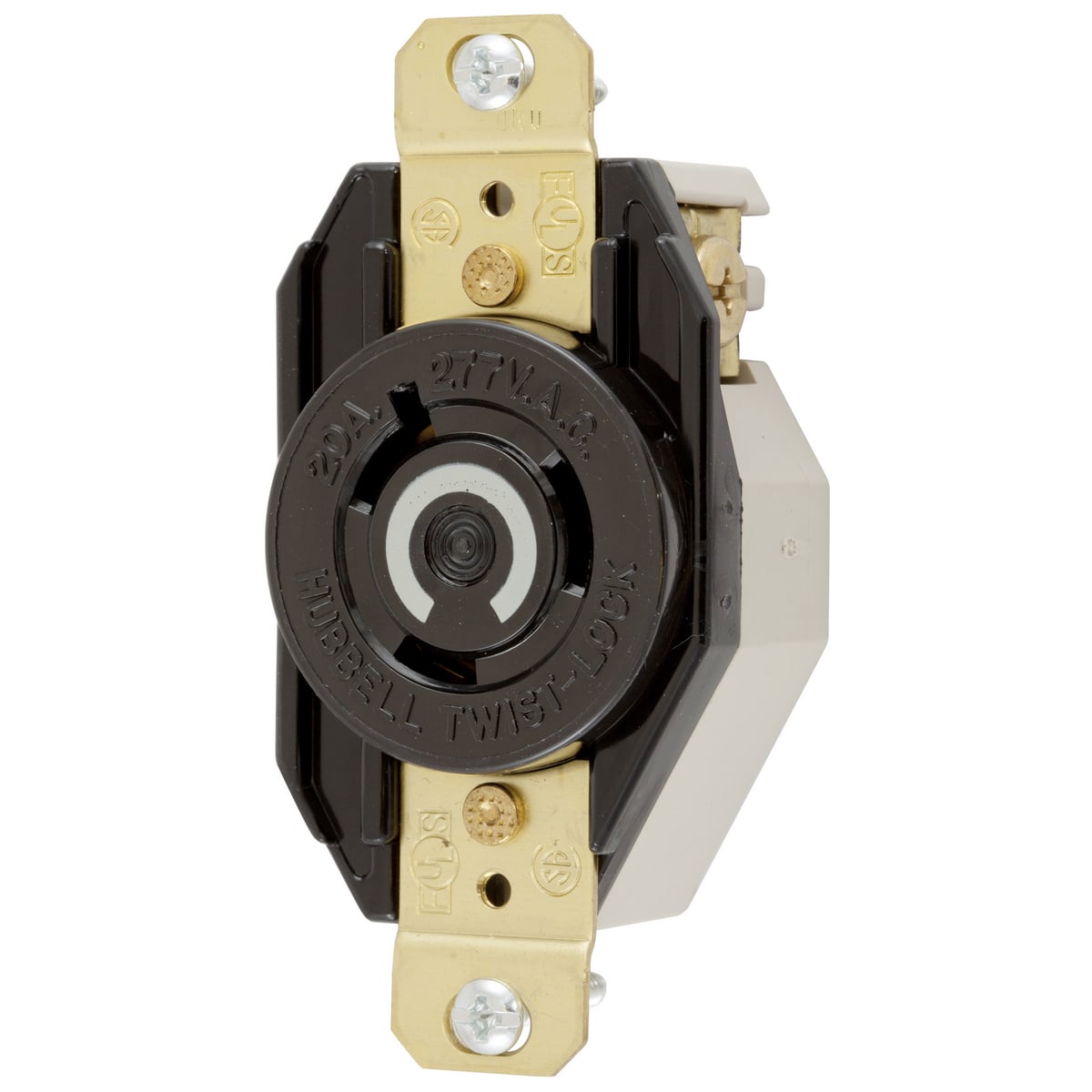 Locking Devices, Twist-Lock, Industrial, Single Flush Receptacle, 20A 277V AC, 2-Pole 3-Wire Grounding, NEMA L7-20R, Screw Terminal, Nylon face, Back and side wire, Black.
