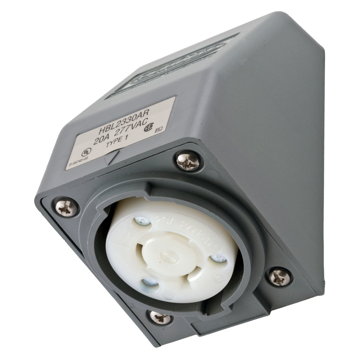 Locking Devices, Twist-Lock, Industrial, Angled Safety-Shroud Receptacle, 20A 277V AC, 2-Pole 3-Wire Grounding, NEMA L7-20R, Screw Terminal, RPT angle housing, One gang, Gray.