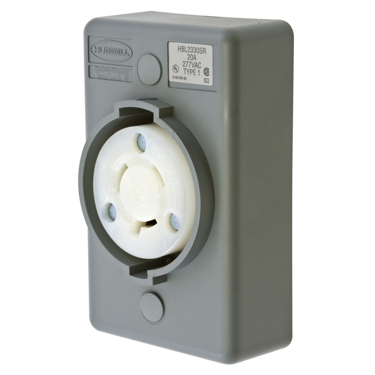 Locking Devices, Twist-Lock, Safety-Shroud, Surface Mount Receptacle, One Gang, 20A 277V AC, 2-Pole 3-Wire Grounding, NEMA L7-20R, Screw Terminal, Gray.