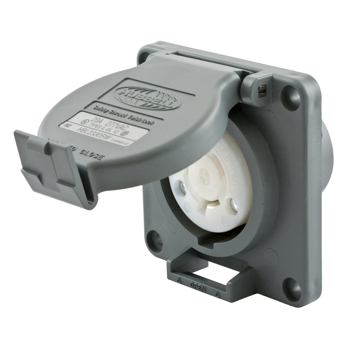 Locking Devices, Twist-Lock, Watertight Safety-Shroud, Receptacle, 20A 277V AC, 2-Pole 3-Wire Grounding, NEMA L7-20R, Screw Terminal, PBT housing and flange, Gray.