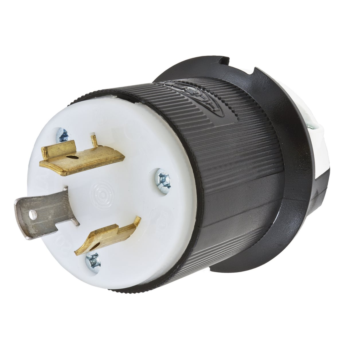 Locking Devices, Twist-Lock, Industrial, Male Insulgrip Plug, 20A 277V AC, 2-Pole 3-Wire Grounding, NEMA L7-20P, Screw Terminal, Black and White Nylon.