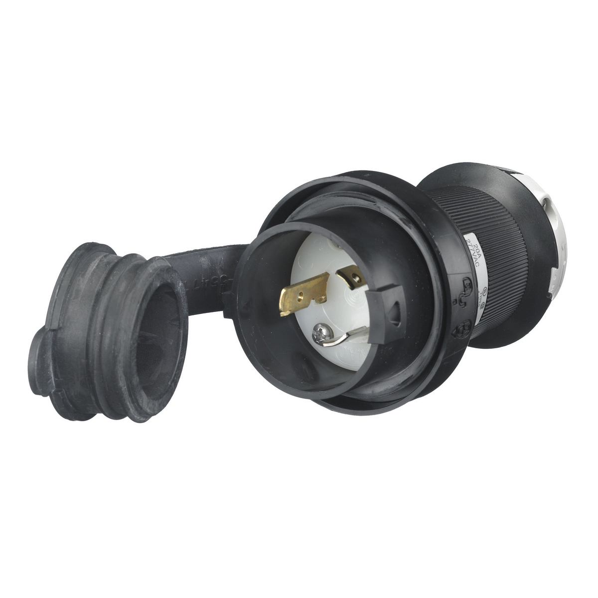 Locking Devices, Twist-Lock, Watertight Safety-Shroud, Male Plug, 20A 277V AC, 2-Pole 3-Wire Grounding, NEMA L7-20P, Screw Terminal, Black PBT housing, White PBT clamps.