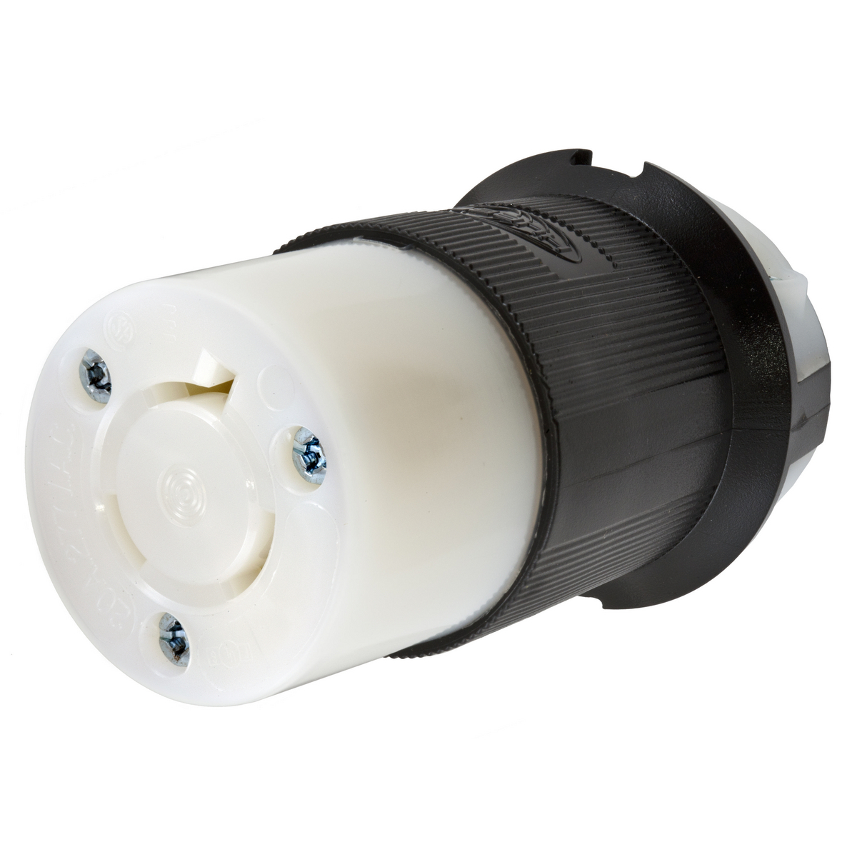 Locking Devices, Twist-Lock, Industrial, Female Insulgrip Connector Body, 20A 277V AC, 2-Pole 3-Wire Grounding, NEMA L7-20R, Screw Terminal, Black and White Nylon.