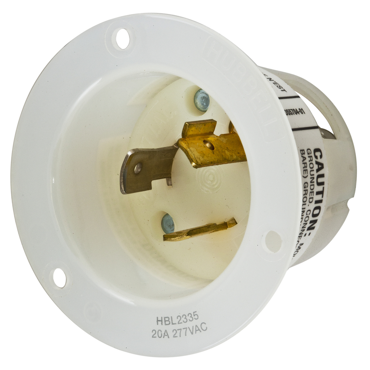 Locking Devices, Twist-Lock, Industrial, Insulgrip Flanged Inlet, 20A 277V AC, 2-Pole 3-Wire Grounding, NEMA L7-20P, Screw Terminal, Nylon casing, Back wired, White.