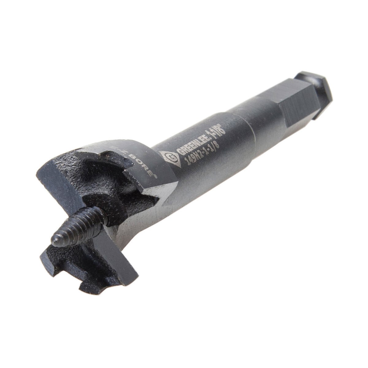 E-Z Bore Self-Feed Bit 1-1/8" (28.6 mm).  Double-blade design for fast, smooth cuts.  Dual cutting edges can be re-sharpened for longer bit life.  Large, open design won't clog with wood chips.  Self-feed tip pulls bit through wood.  Outer spur teeth reduce splintering and blowouts.  Replaceable tip.