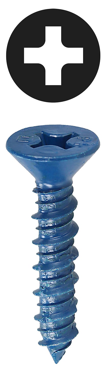 Phillips Head Concrete Anchor System, 1/4 in. diameter, 2-1/4 in. length, Hi-Low thread type, 3/16 x 4-1/2 in. drill size, Flat head type, Ceramic Coated Blue finish, Drill included, #2 bit size, Phillips drive type