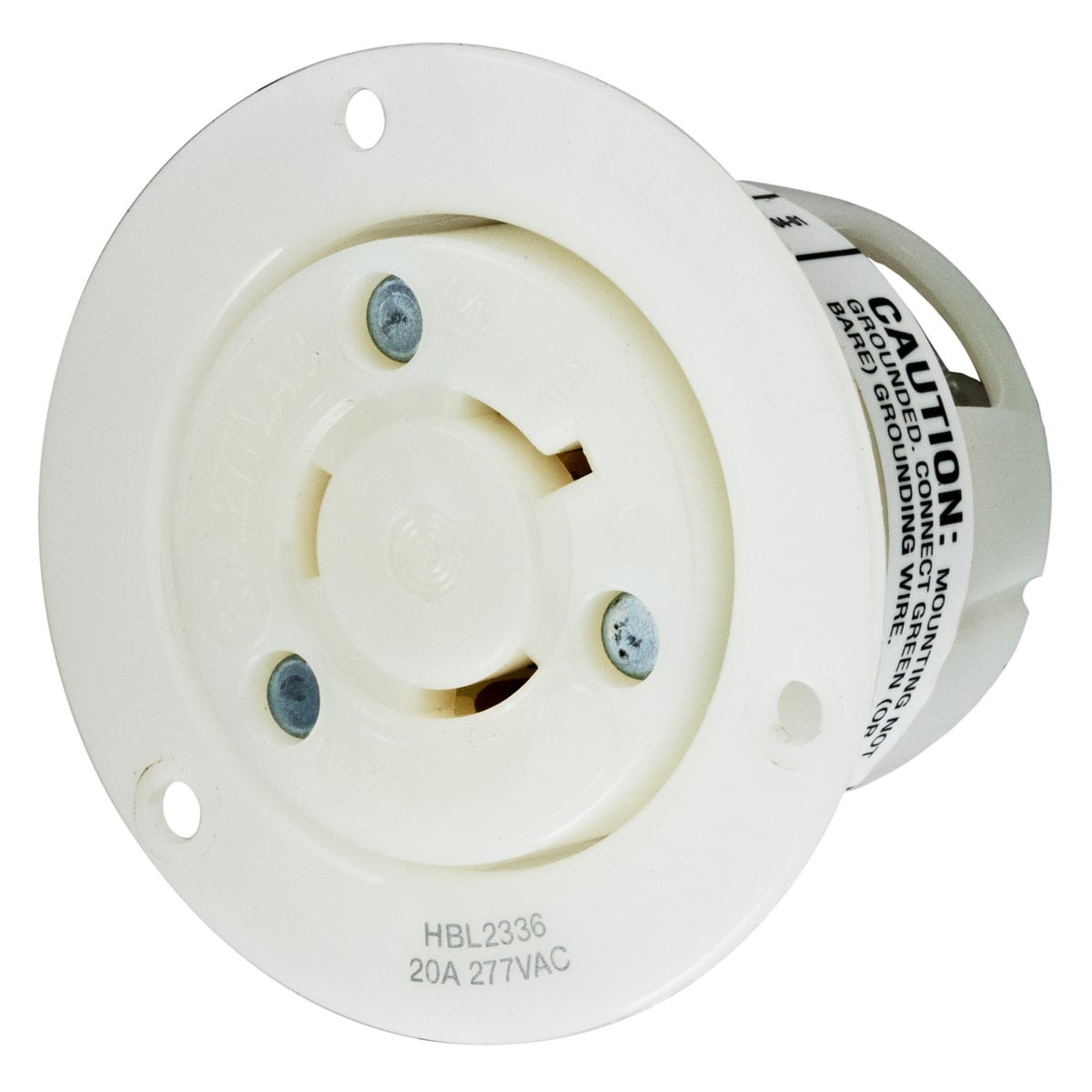 Locking Devices, Twist-Lock, Industrial, Insulgrip Flanged Receptacle, 20A 277V AC, 2-Pole 3-Wire Grounding, NEMA L7-20R, Screw Terminal, Nylon casing, Back wired, White.