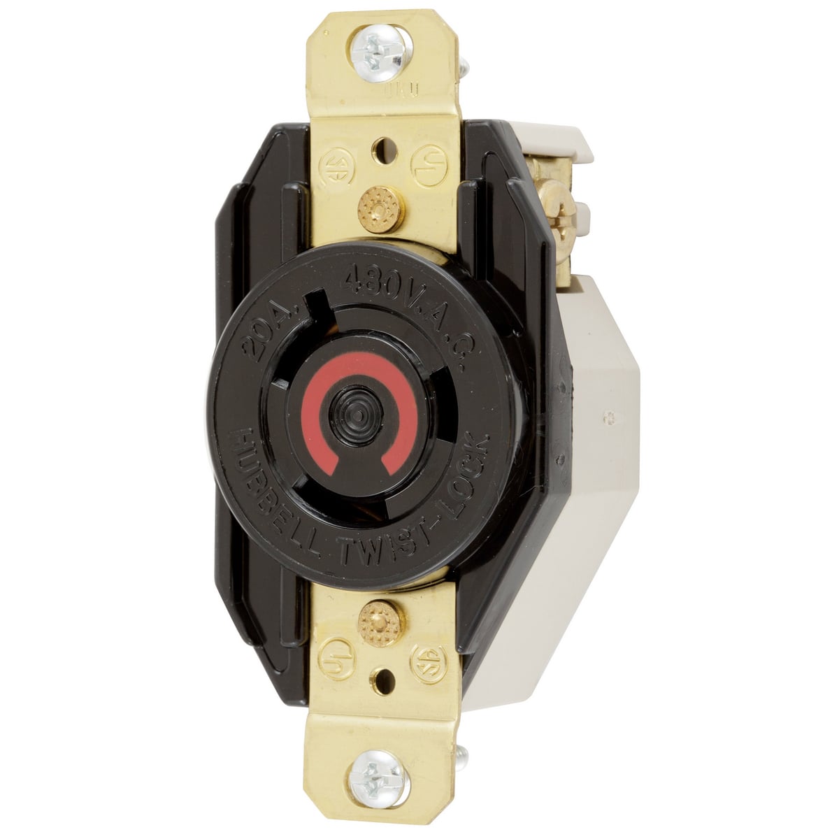 Locking Devices, Twist-Lock, Industrial, Single Flush Receptacle, 20A 480V AC, 2-Pole 3-Wire Grounding, NEMA L8-20R, Screw Terminal, Nylon face, Back and side wire, Black.