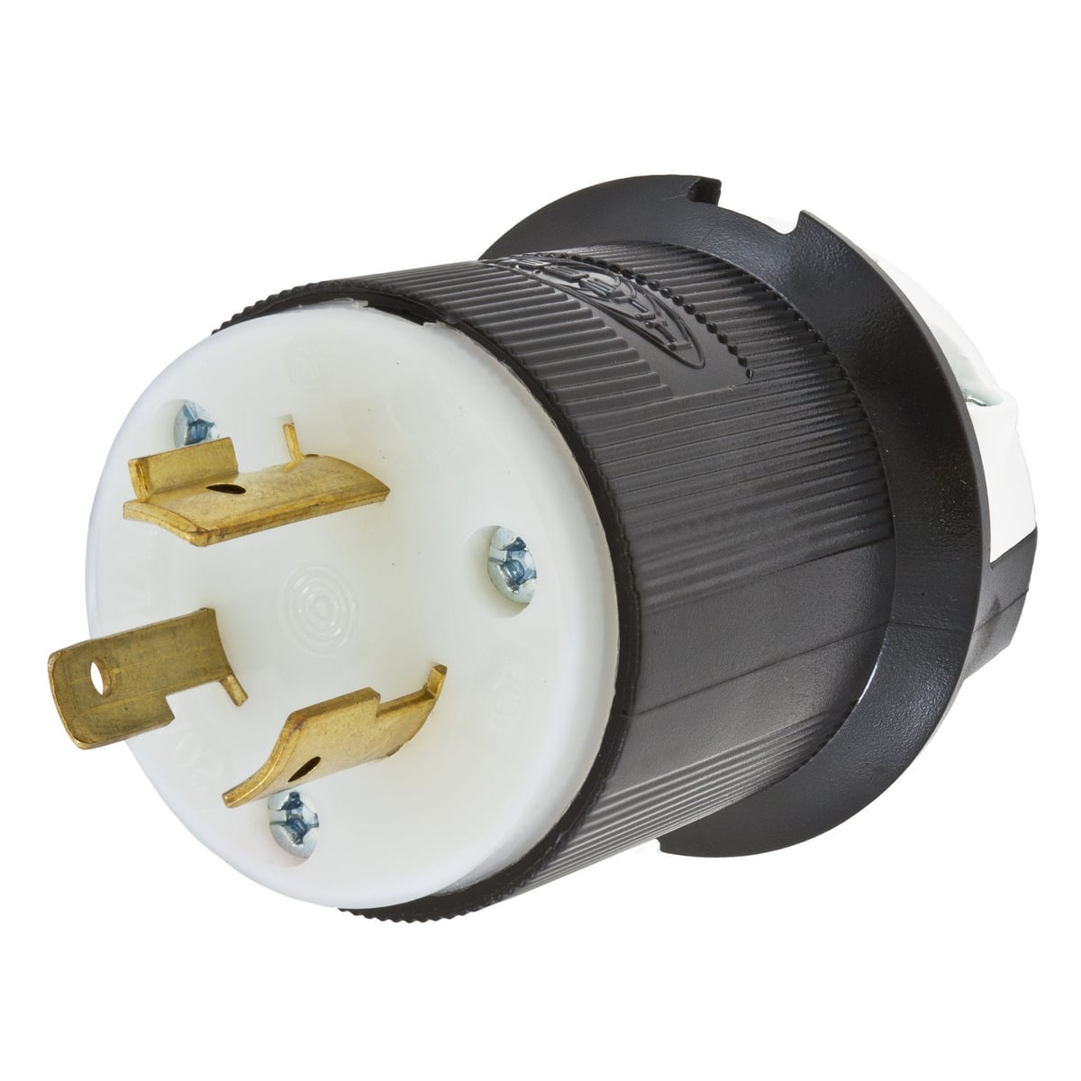 Locking Devices, Twist-Lock, Industrial, Male Insulgrip Plug, 20A 480V AC, 2-Pole 3-Wire Grounding, NEMA L8-20P, Screw Terminal, Black and White Nylon.