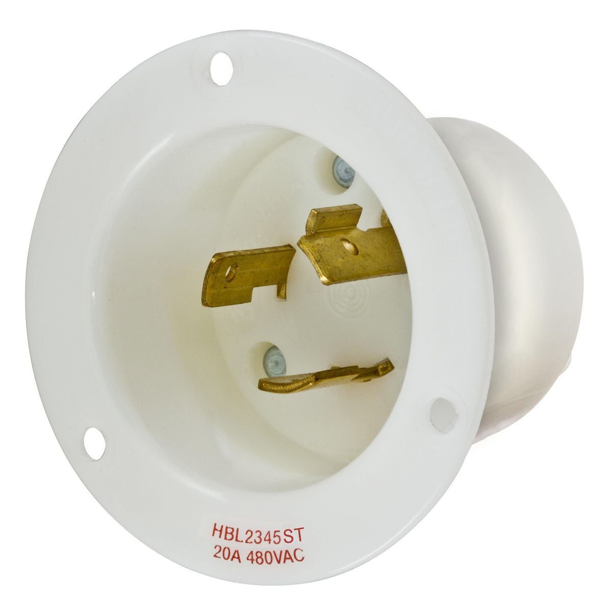 Locking Devices, Twist-Lock, Industrial, Insulgrip Flanged Inlet, 20A 480V AC, 2-Pole 3-Wire Grounding, NEMA L8-20P, Screw Terminal, Nylon casing, Back wired, White.