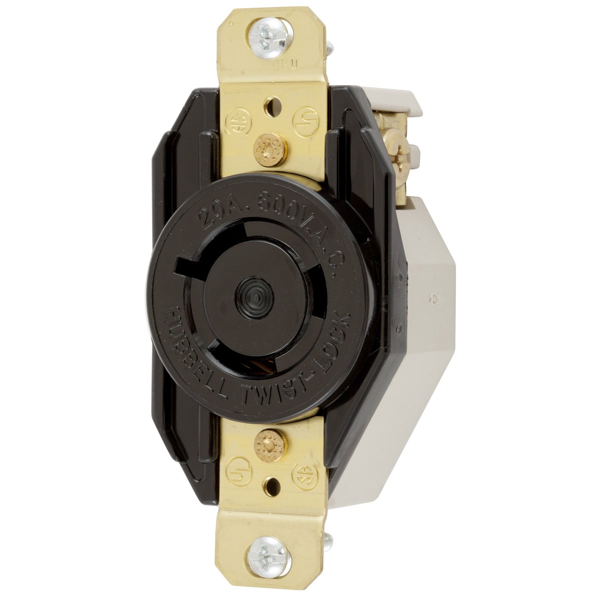 Locking Devices, Twist-Lock, Industrial, Single Flush Receptacle, 20A 600V AC, 2-Pole 3-Wire Grounding, NEMA L9-20R, Screw Terminal, Nylon face, Back and side wire, Black.