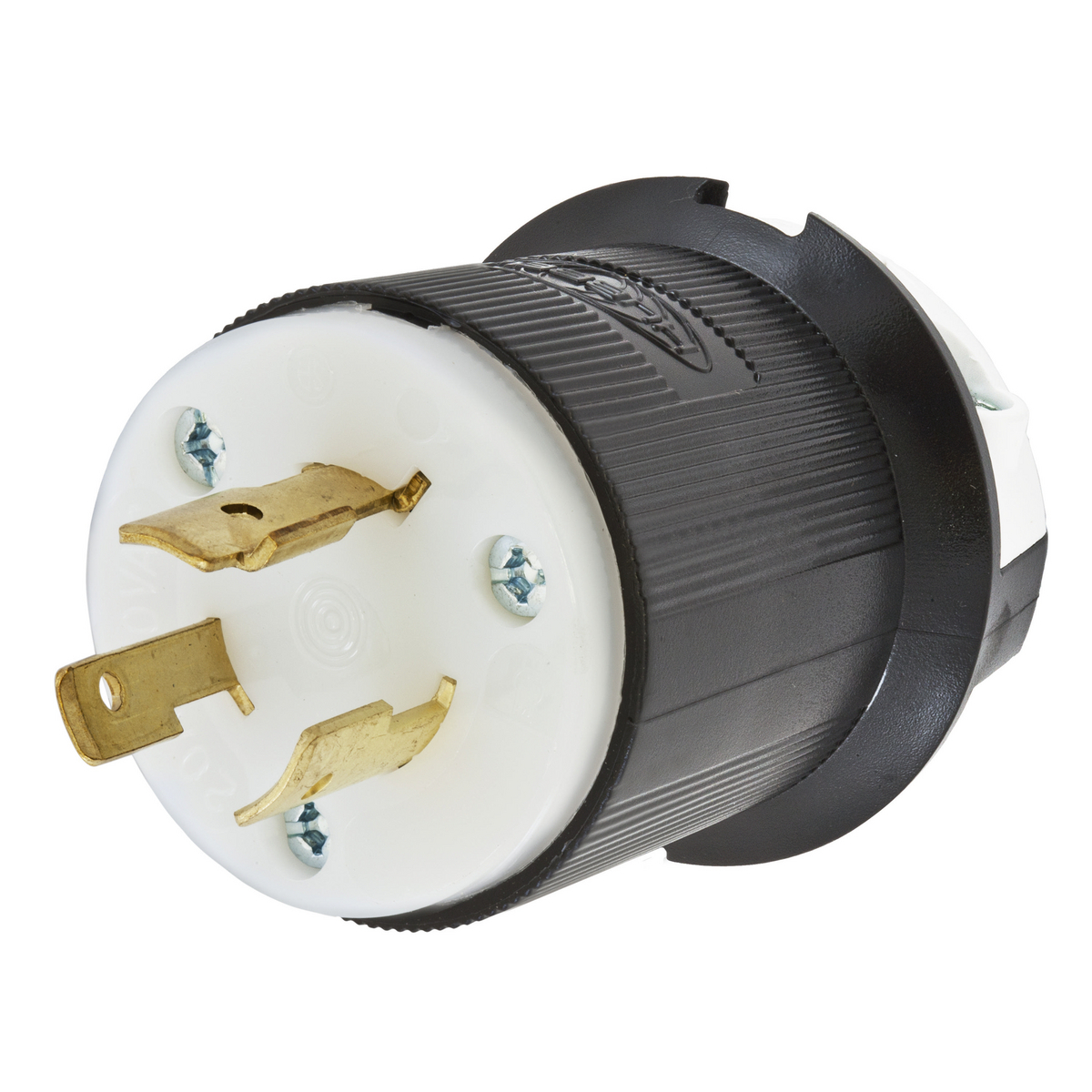 Locking Devices, Twist-Lock, Industrial, Male Insulgrip Plug, 20A 600V AC, 2-Pole3-Wire Grounding, NEMA L9-20P, Screw Terminal, Black and White Nylon.